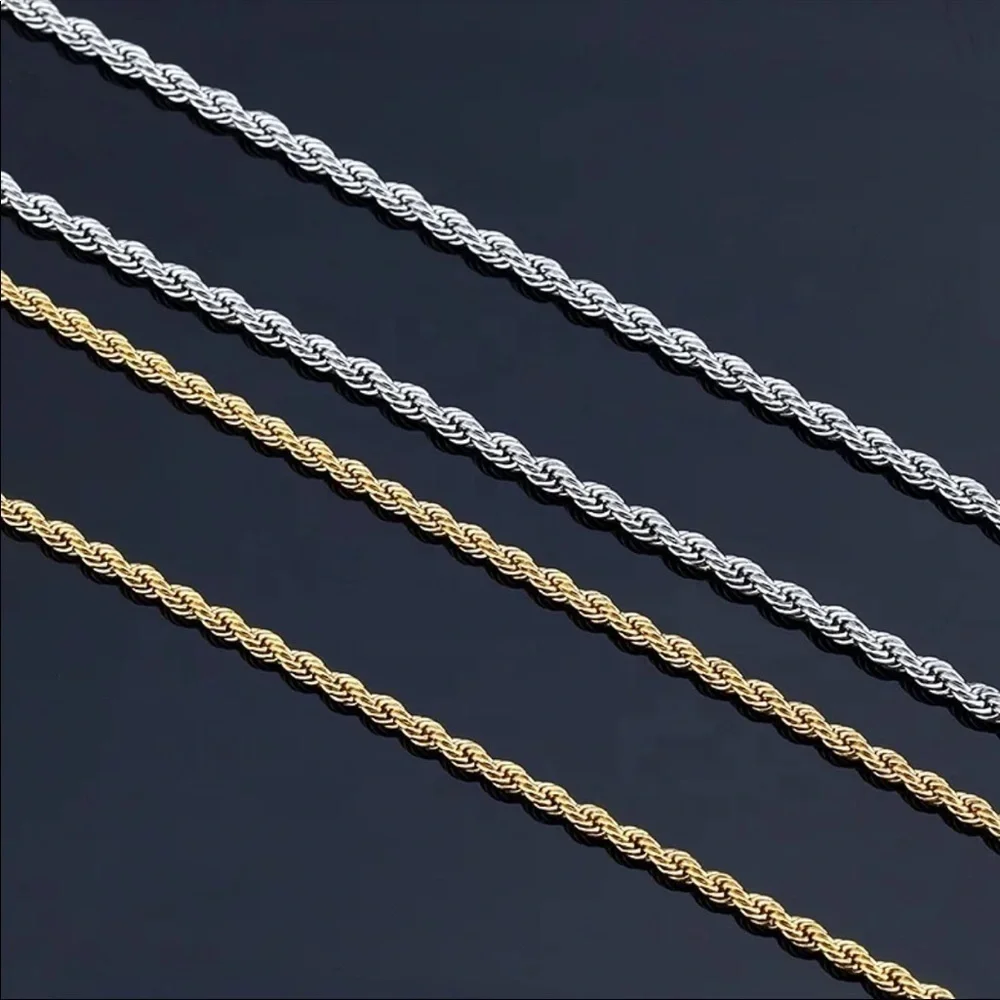 14K gold plated stainless steel twisted rope necklace 24 inches, 3mm